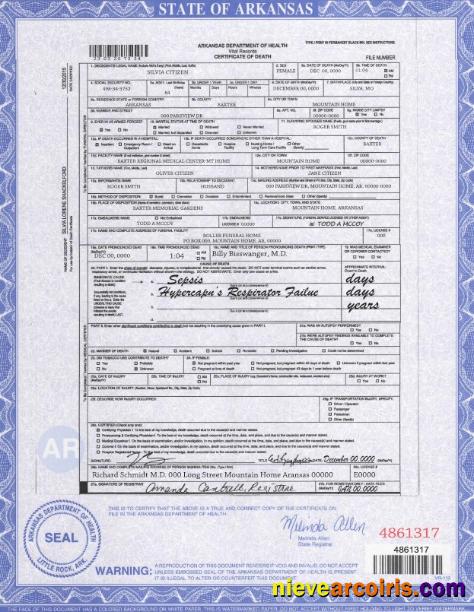 USA state Arkansas death certificate